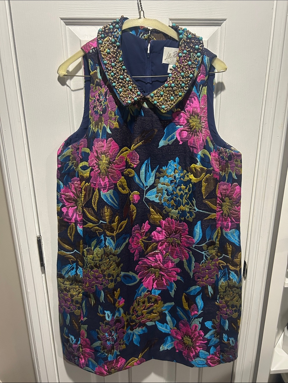 Lilly Pulitzer Navy Floral Beaded-Collar Shift Tunic